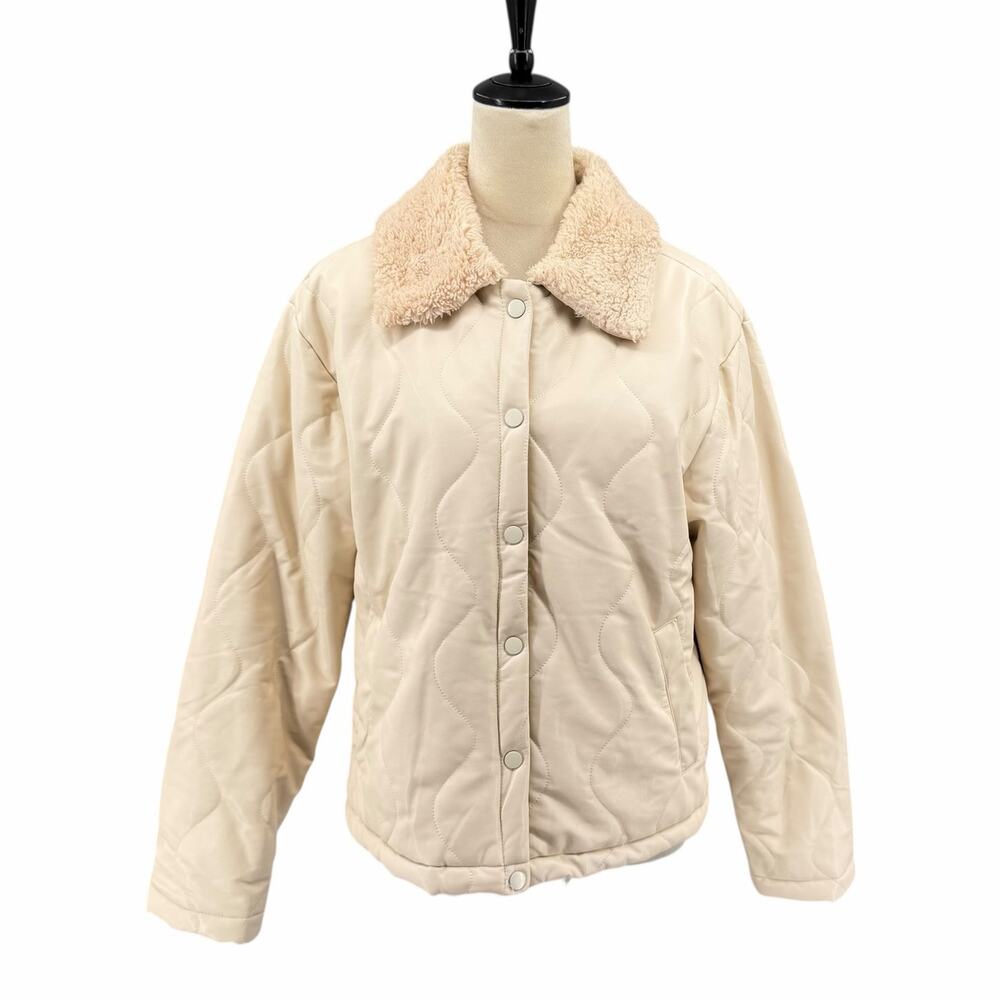 Dear John Cream Faux Vegan Leather Quilted Fur Collar Snap Moto Neutral Jacket